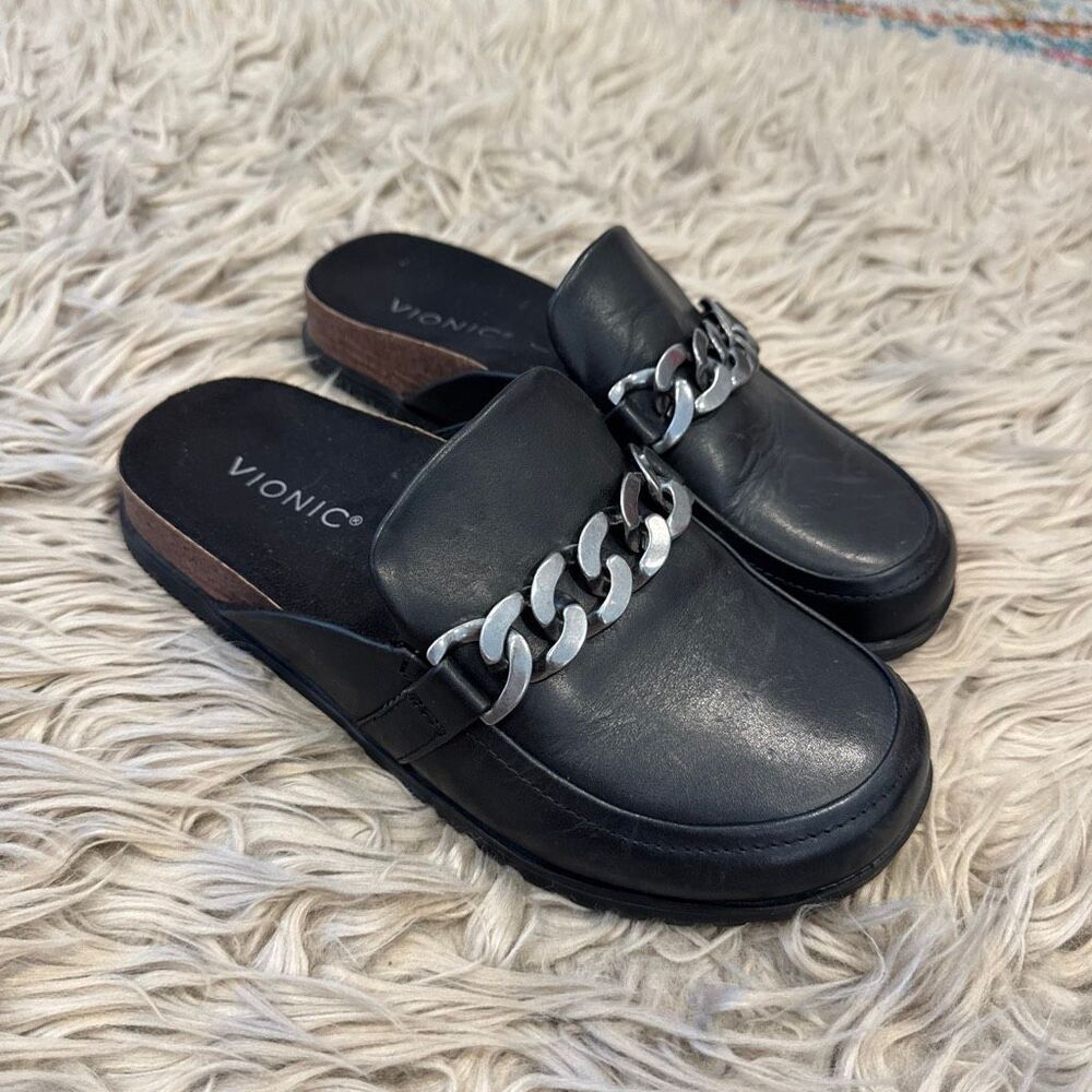 Vionic Georgie Black Leather Chain Detail Mule Clogs Orthotic Comfort Shoes 6.5
